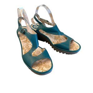 Fly London Yax Slingback Platform Wedge Sandal Green Leather Size 42 /‎ 11